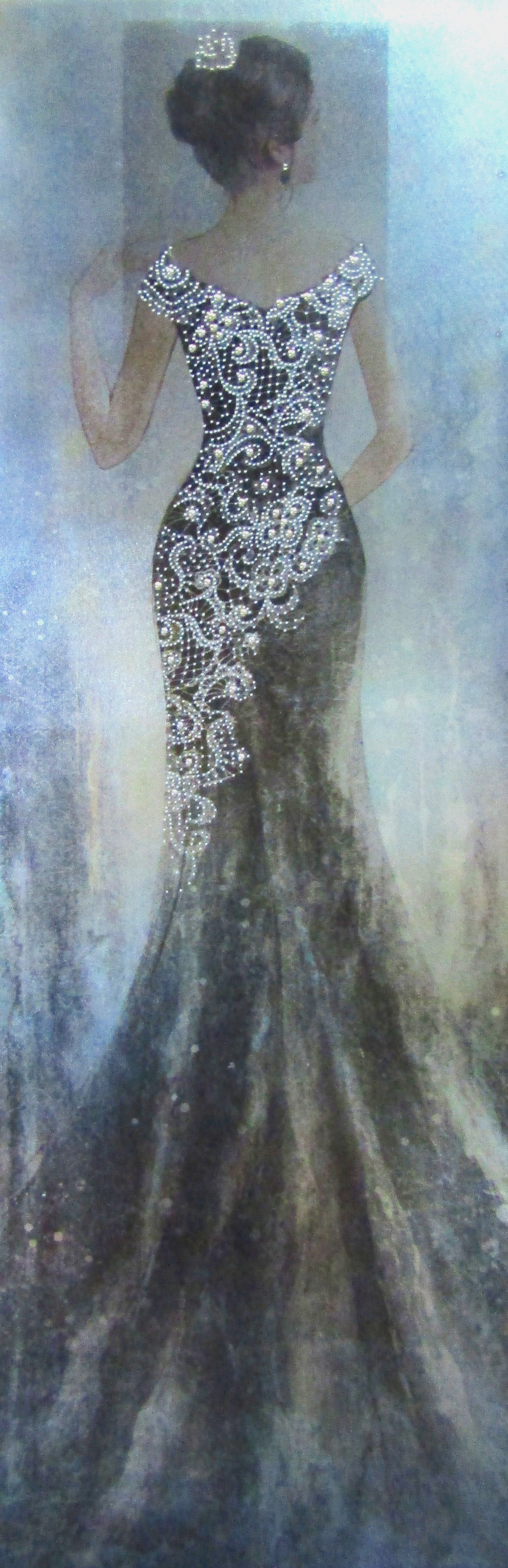 PXYW673 Wall décor art oil on canvas figures lady in evening dress blue silver tones